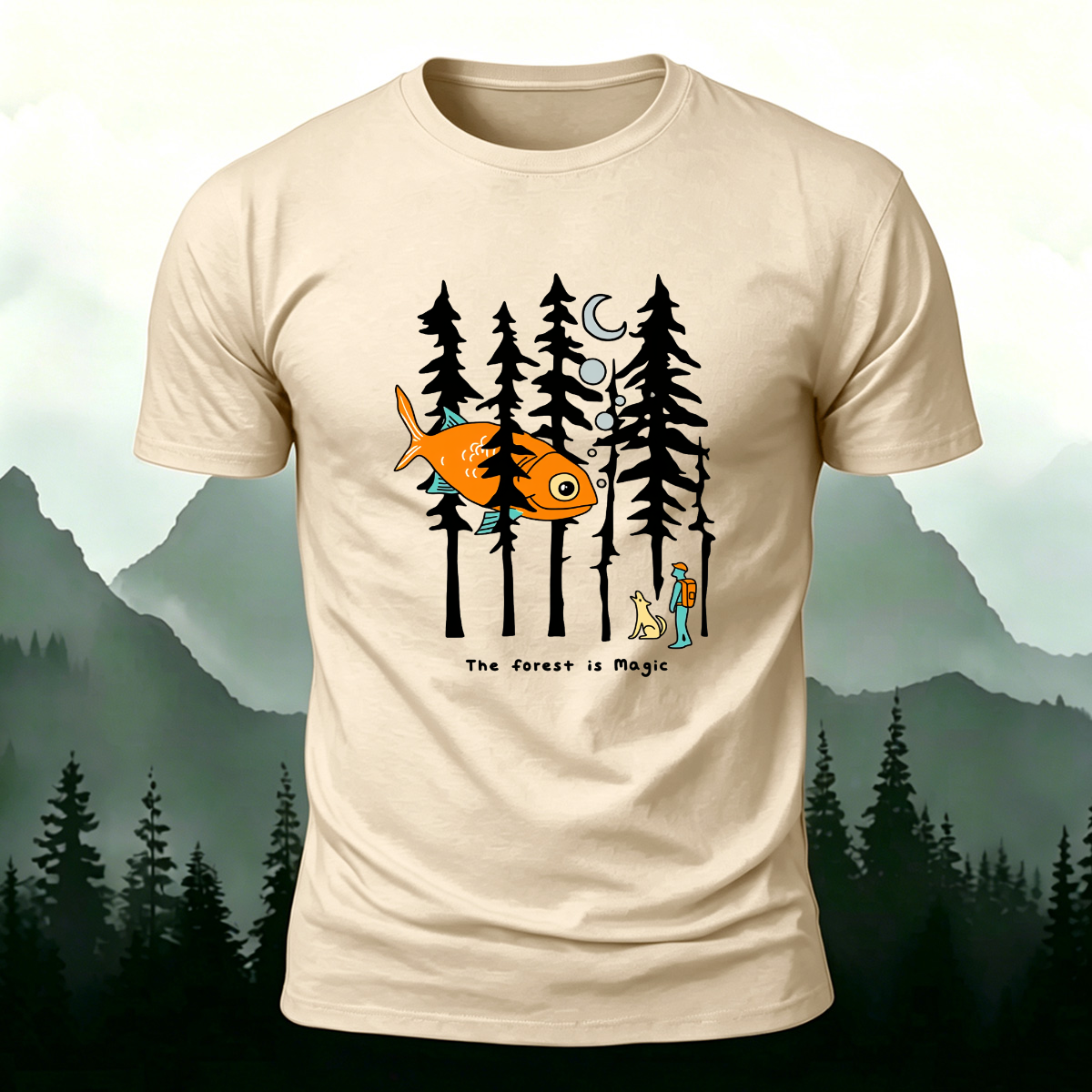 Fun Forest Print Outdoor Skin-friendly Casual T-Shirt Beige