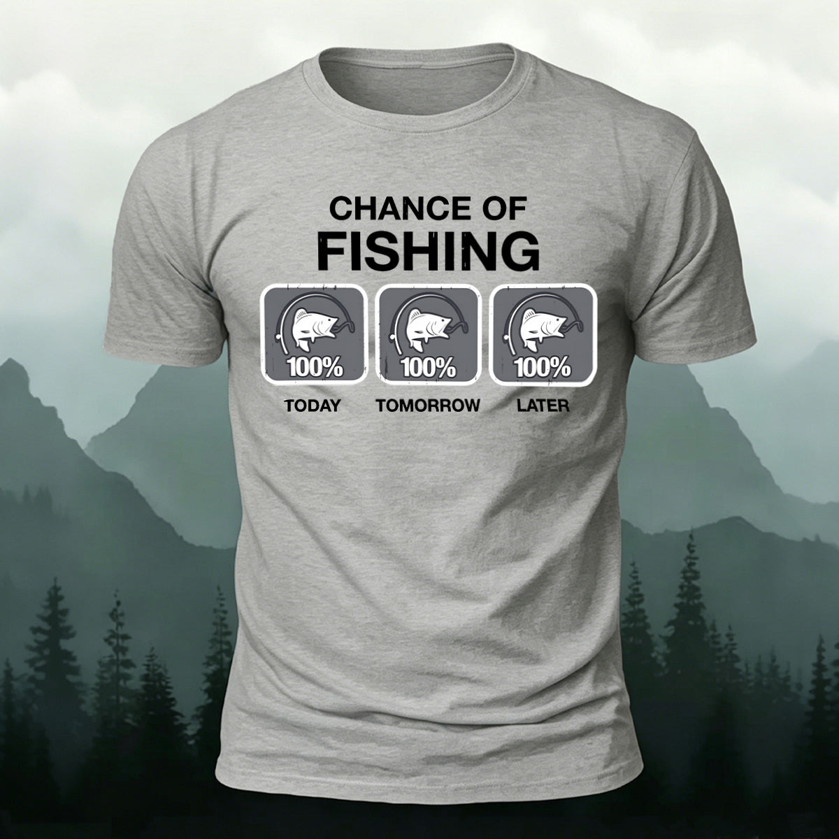 Fun Fishing Printed Casual Skin-friendly T-shirt Grey