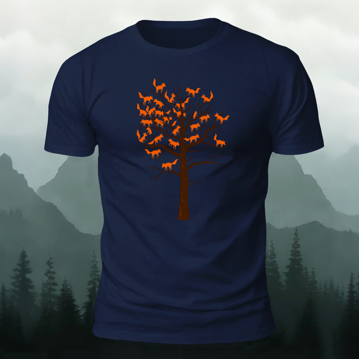 Foxes and Tree Art Pattern Casual Cotton T-Shirt Navy