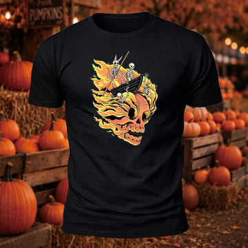 Flaming Skull Boat Printed Short Sleeve T-Shirt
