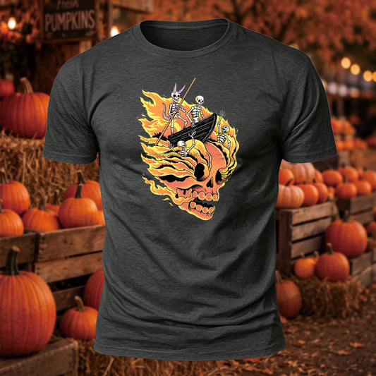 Flaming Skull Boat Printed Short Sleeve T-Shirt