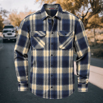 Men's Vintage Navy Blue Plaid Flannel Long Sleeve Shirt
