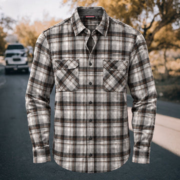 Men's Vintage Brown & Grey Plaid Flannel Long Sleeve Shirt