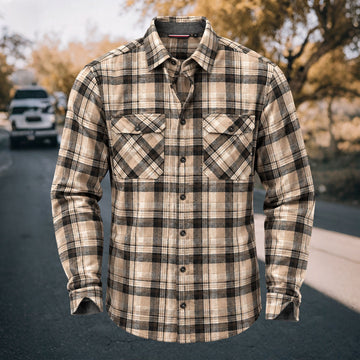 Men's Vintage Khaki Tan Plaid Flannel Long Sleeve Shirt
