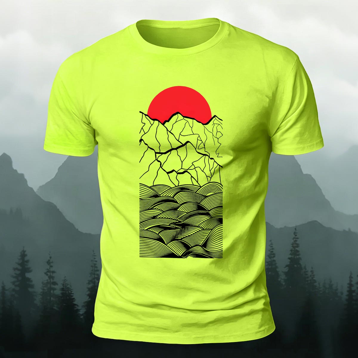 Forest Sunset Mountain Print Casual Cotton T-Shirt