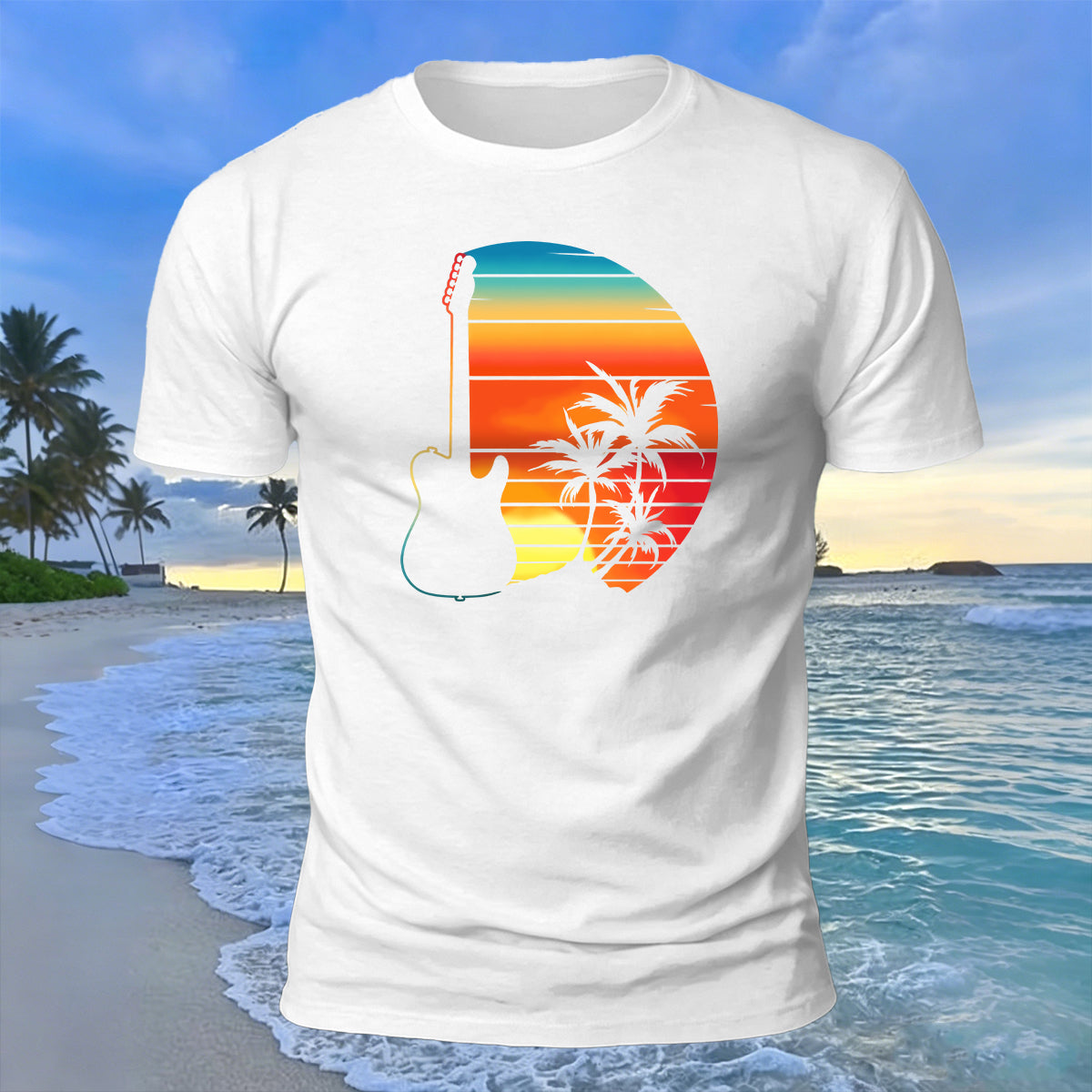 Beach Sunset Openwork Guitar Print Cotton T-Shirt White