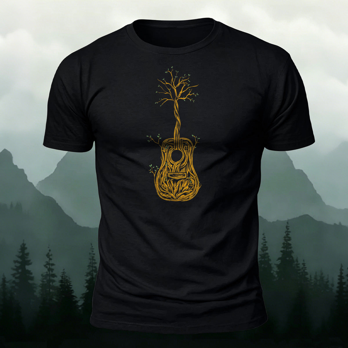Artistic Tree Print Premium Cotton Casual T-Shirt Black