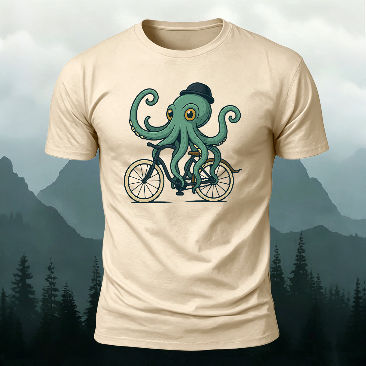 Green Fisherman's Cap Octopus Cycling Print Cotton T-Shirt