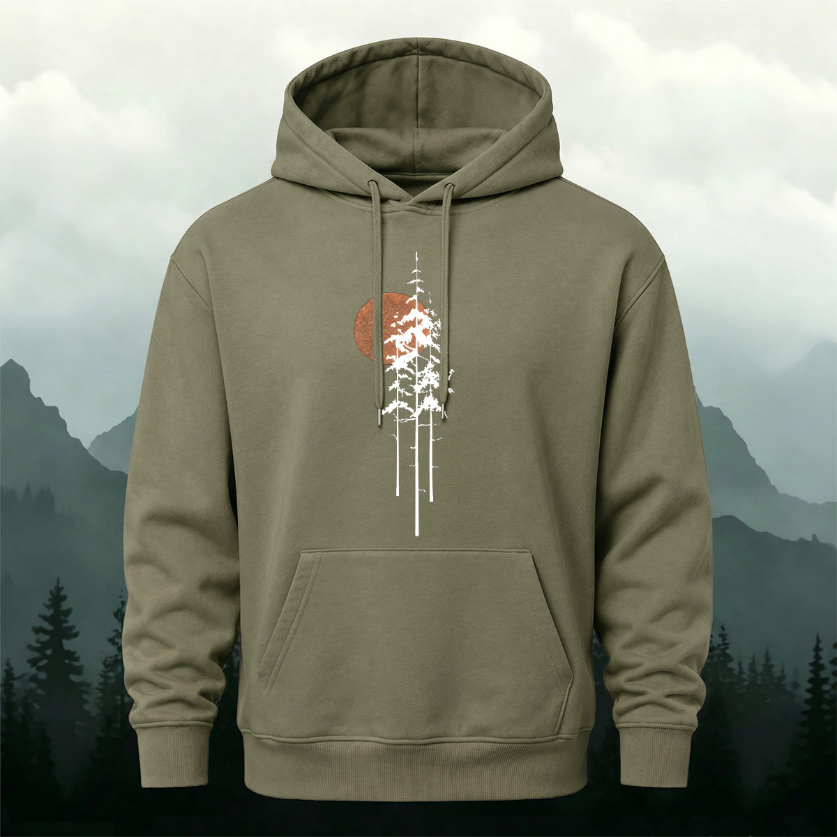 Cotton Blend Sunset and Tree Retro Minimalist Hoodie