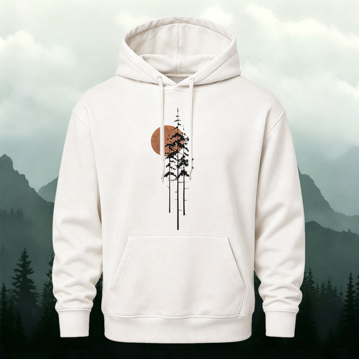 Cotton Blend Sunset and Tree Retro Minimalist Hoodie