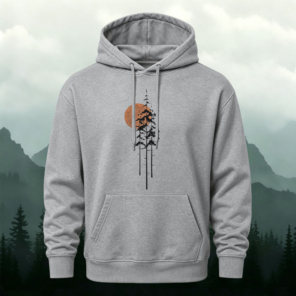 Cotton Blend Sunset and Tree Retro Minimalist Hoodie