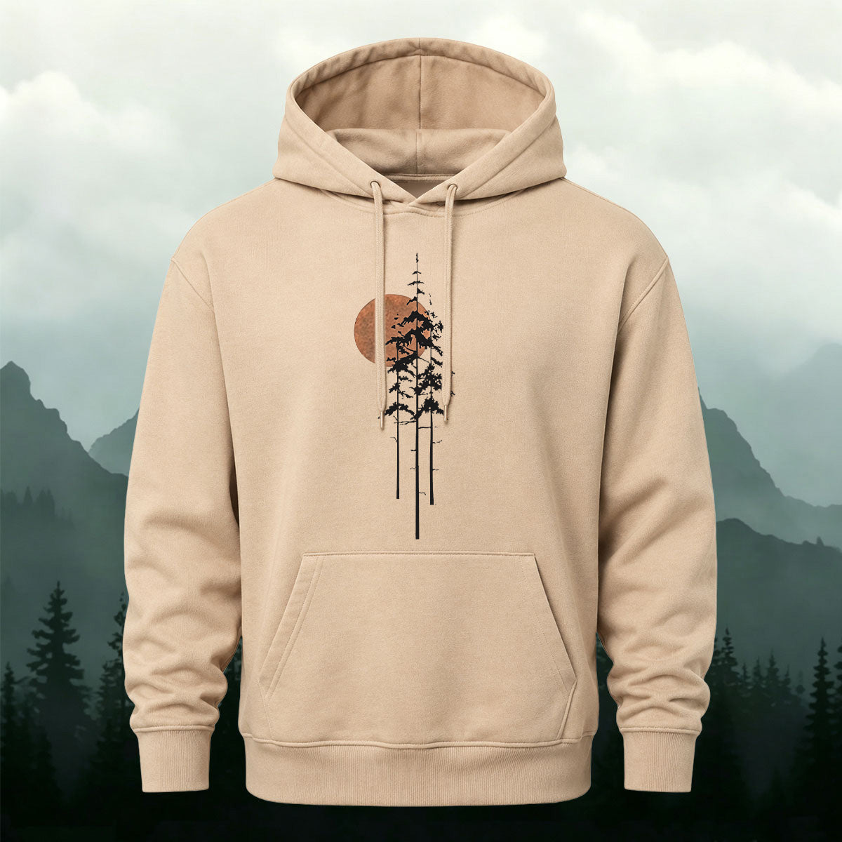 Cotton Blend Sunset and Tree Retro Minimalist Hoodie