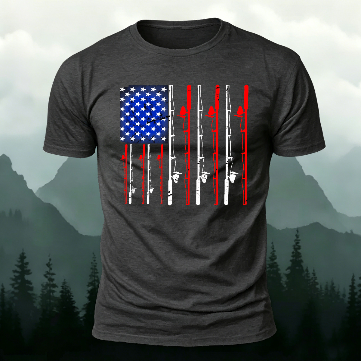 American-style Fishing Rod Pattern Cotton T-shirt Dark Grey