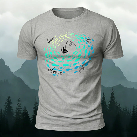 Stylish Fishing-Print Soft-Touch Cotton T-Shirt Grey