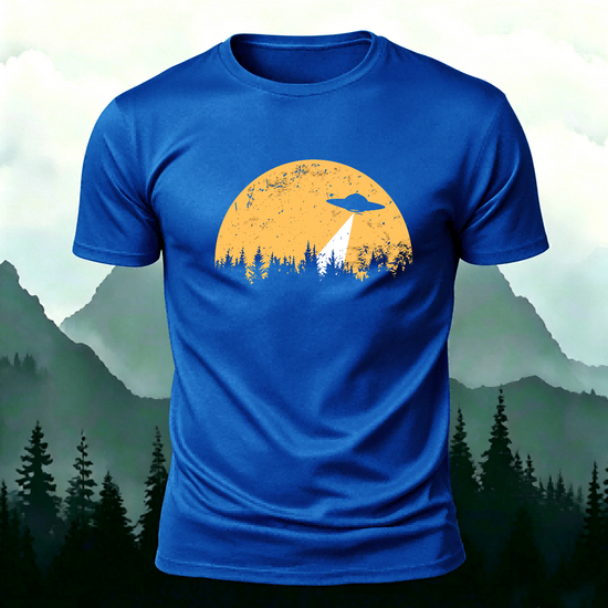 Alien Spaceship Pattern Skin-Friendly Casual T-Shirt Blue