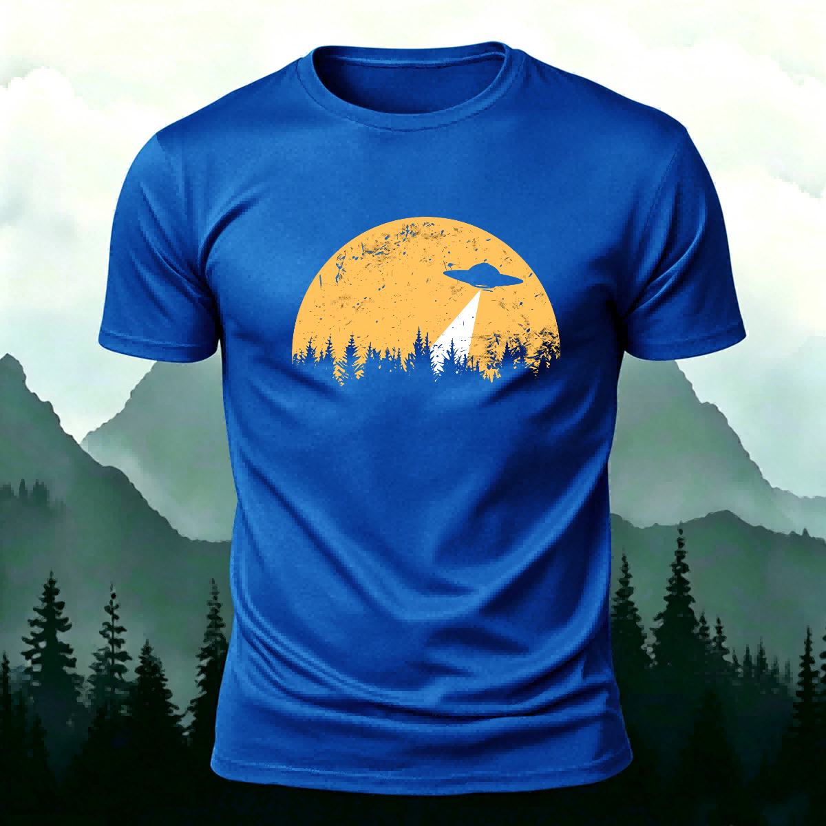 Alien Spaceship Pattern Skin-Friendly Casual T-Shirt Blue
