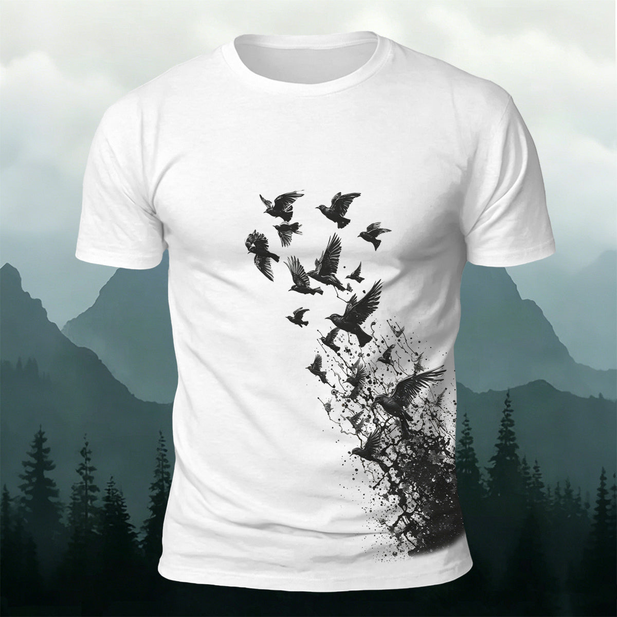 Flying Birds Print Casual 100% Cotton T-Shirt