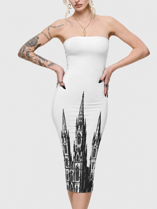 Vintage Gothic-inspired Print Sexy Strapless Fitted Dress