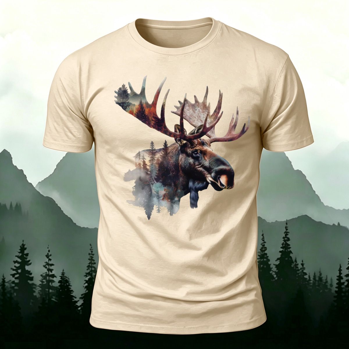Scenery-style Moose Men's Simple Premium Cotton T-Shirt Beige