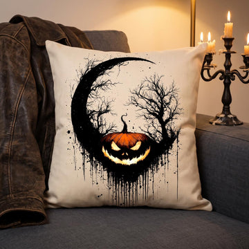 Linen Moon Pumpkin Halloween Pillow
