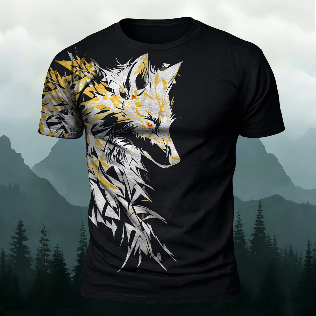 Vintage Giant Wolf Mythology Print Casual Cotton T-Shirt