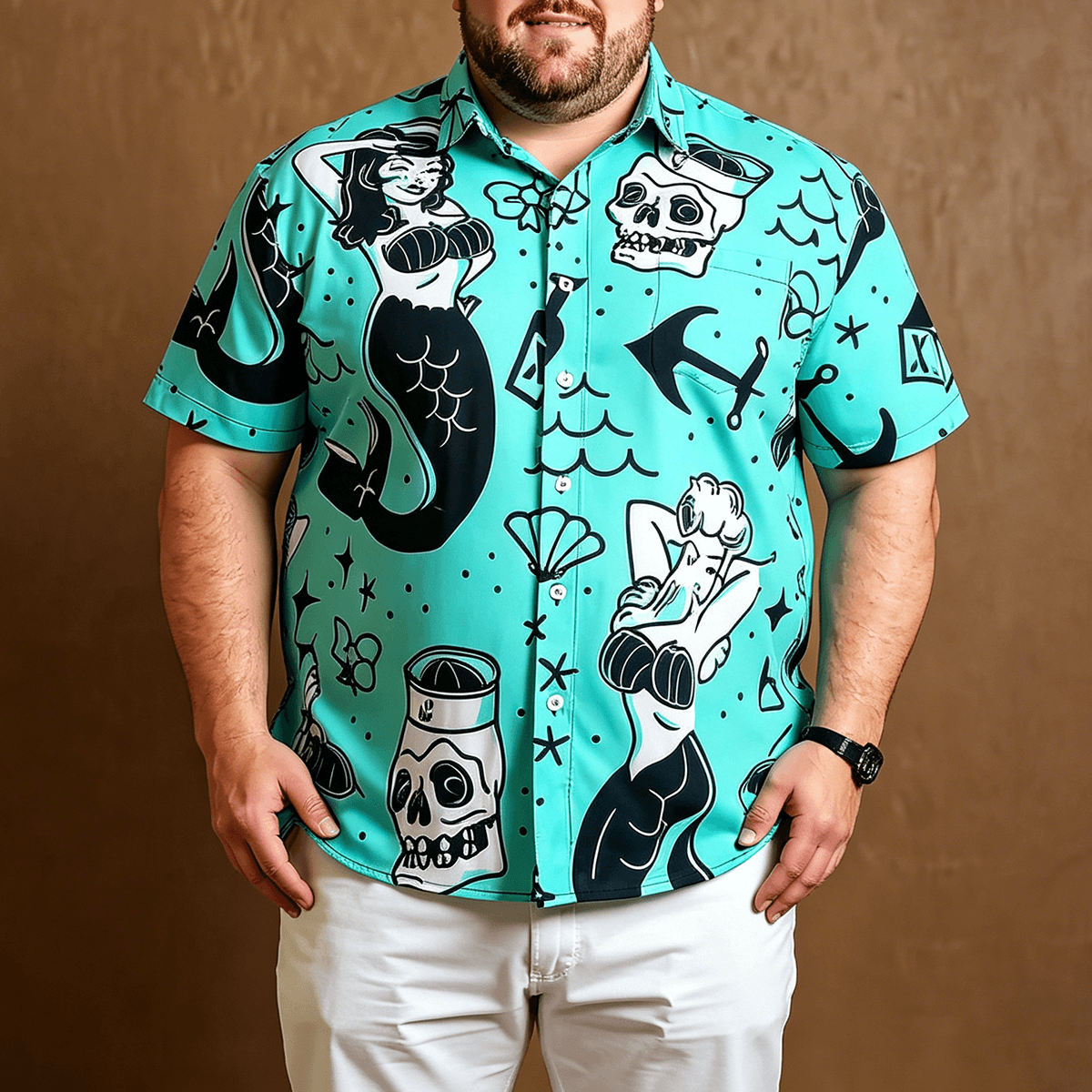 Mermaid Illustration Print Casual Beach Shirt