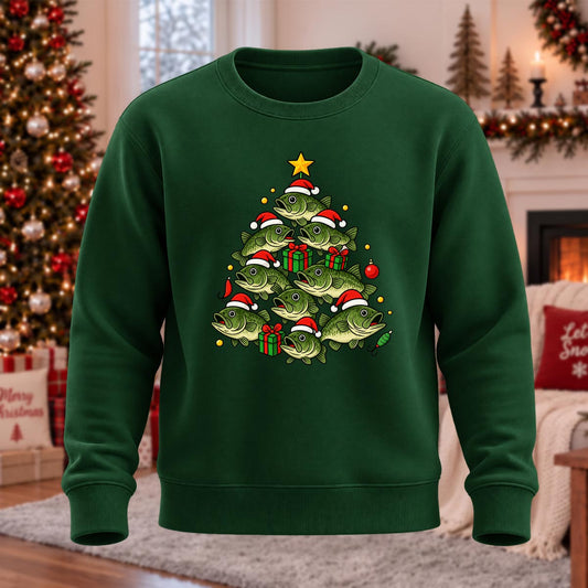 Fishmas Tree Printed Round Neck Sweatshirt
