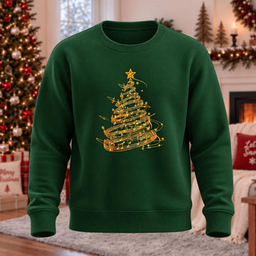 DTG Golden Music Note Christmas Tree Printed Round Neck Sweatshirt
