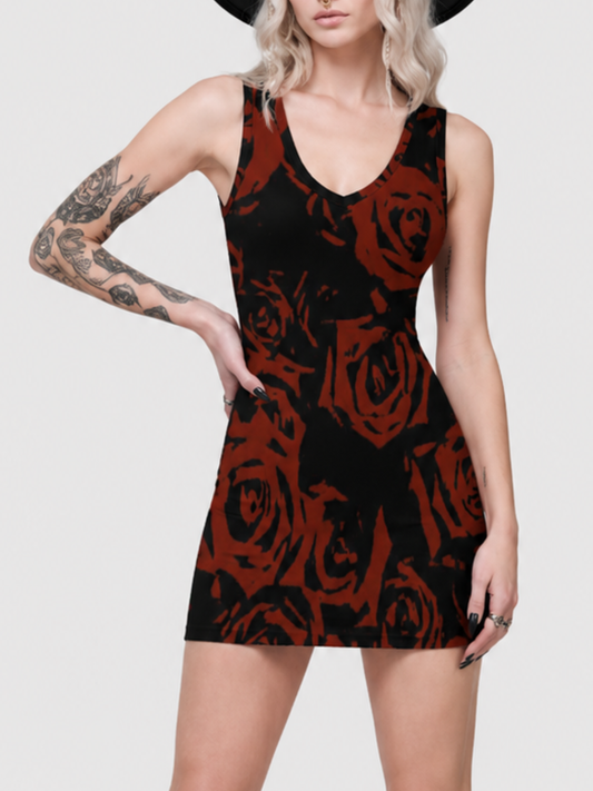 Dark Gothic Red Rose Print Sleeveless V-Neck Bodycon Dress