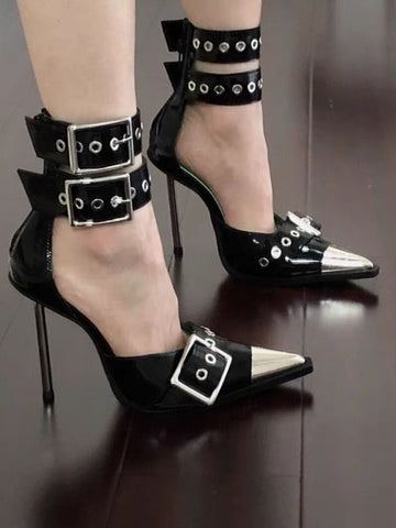 Dark-Colored Hot Girl Metal Buckle Stiletto Heels