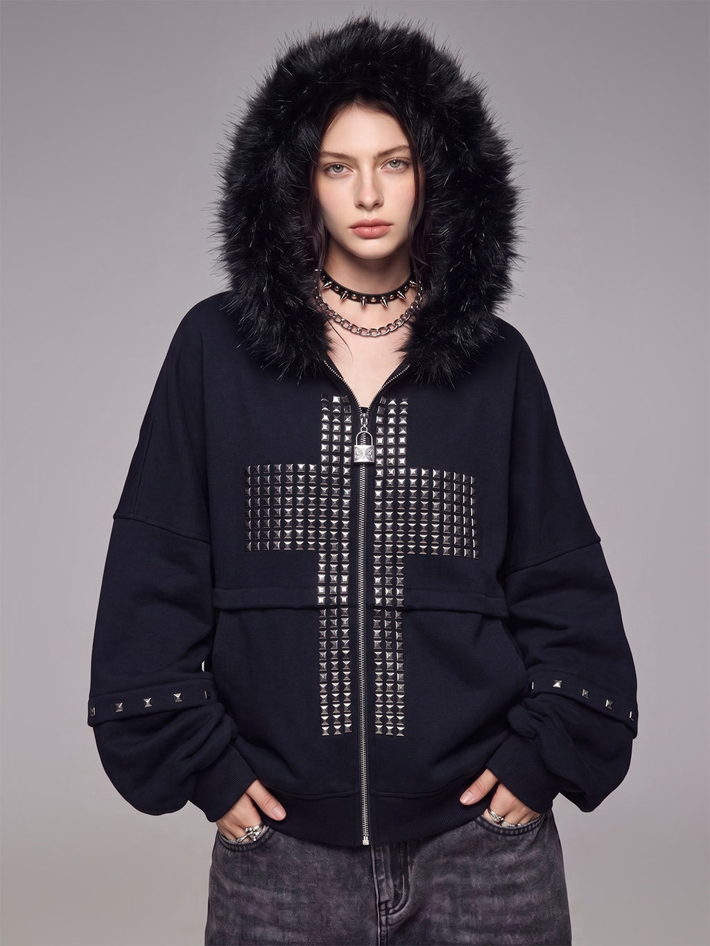 Metallic Zipper Fashion Hooded Sweatshirt Outerwear
