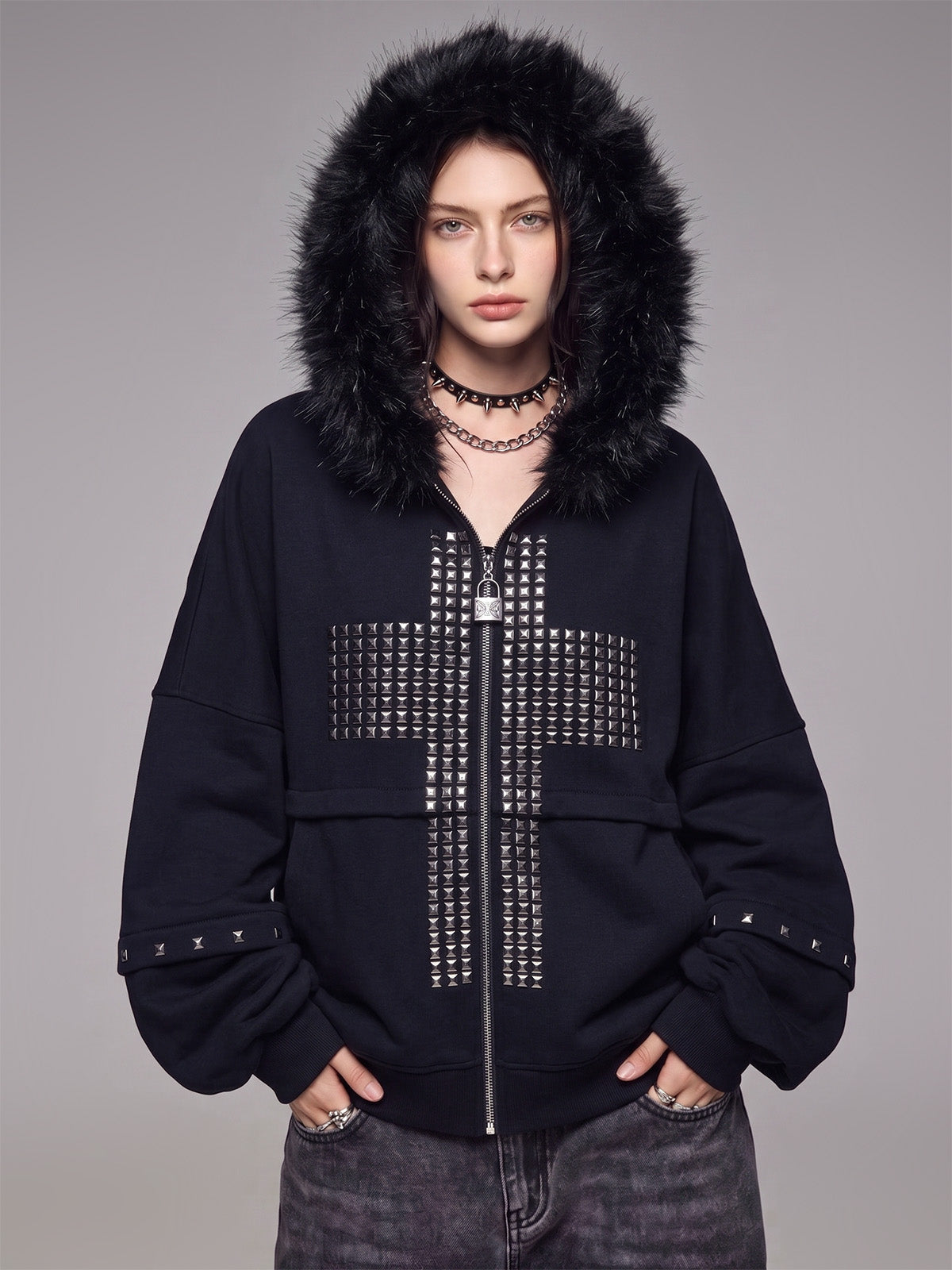Metallic Zipper Fashion Hooded Sweatshirt Outerwear
