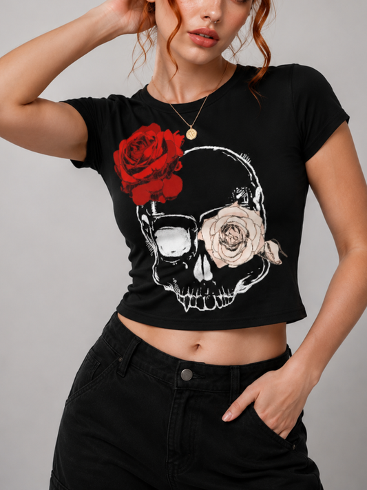 Dark Romance Skull Rose Slim Crop Top