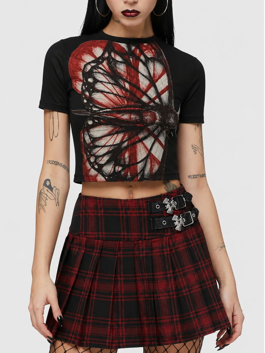 Romantic Gothic Butterfly-Print Fitted Crew-Neck Cropped Top