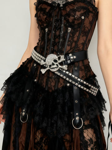 Skull-Print Riveted Rhinestone Heavy-Duty Gothic Belt