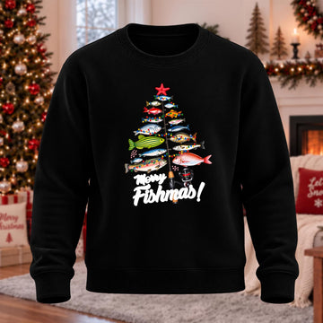 Colorful Fishmas Tree Printed Round Neck Sweatshirt