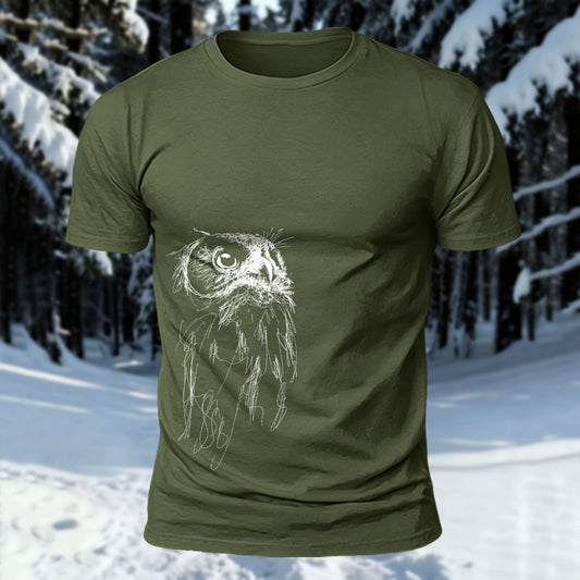 DTG Owl Line Art Printed Short Sleeve T-Shirt