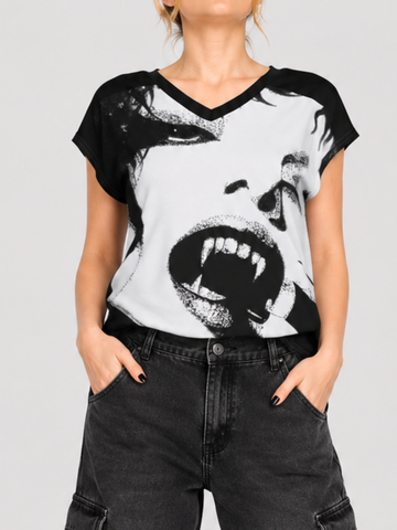 Dark Vampire Print V-Neck Loose-Fit Short-Sleeve Top