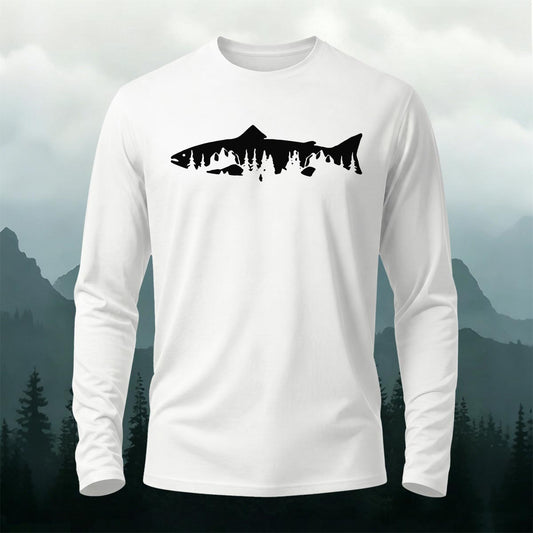 Fish Print Natural Casual Long-Sleeve 100% Cotton T-Shirt