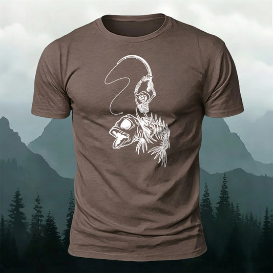 Premium Cotton Fishing Skull Print Casual T‑Shirt