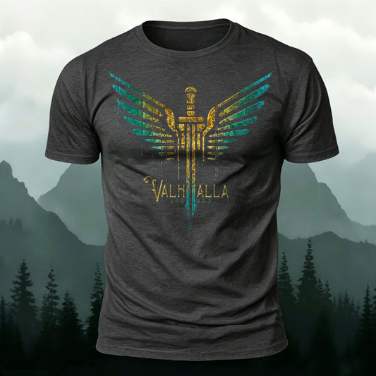 Cotton Retro Viking Print Round-Neck Casual T-Shirt