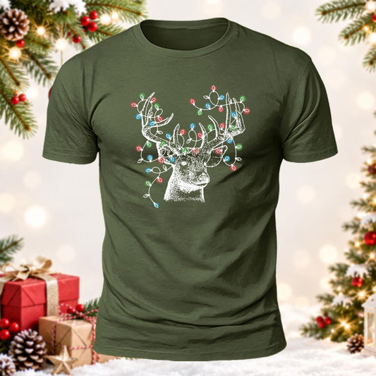 Deer Antlers Xmas Lights Printed Short Sleeve T-Shirt