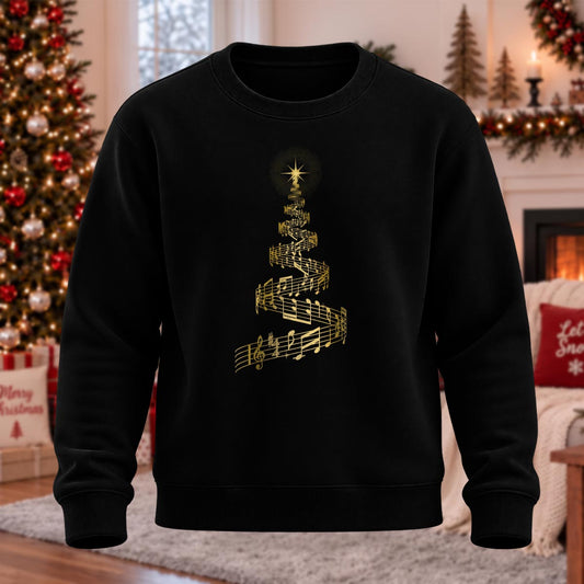 DTG Music Note Christmas Tree Printed Round Neck Sweatshirt