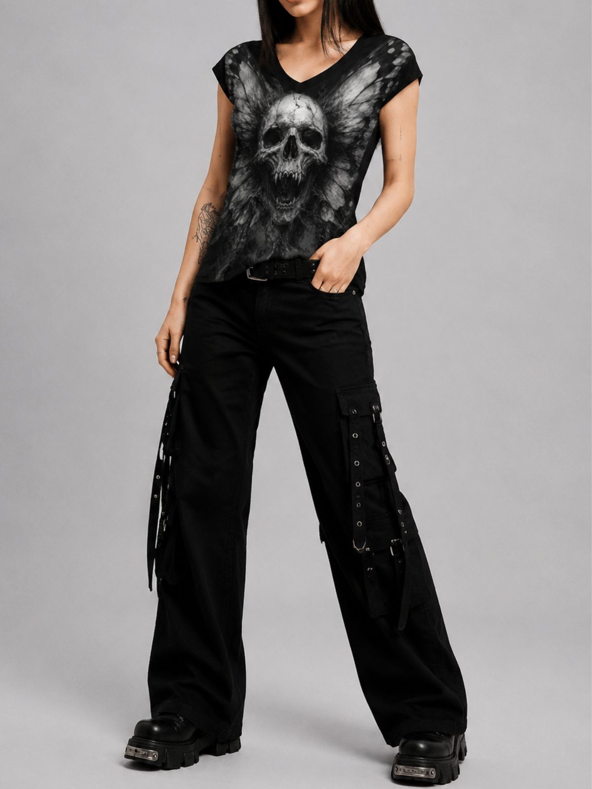 Gothic Skull and Butterfly Print V-Neck T-Shirt