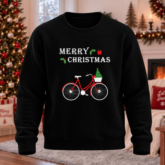 Merry Christmas Bicycle Printed Round Neck Sweatshirt