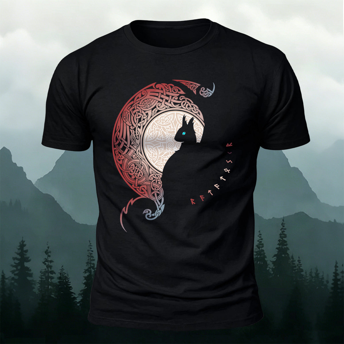Cold-Eyed Giant Wolf Silhouette Mythical Design Cotton Tee