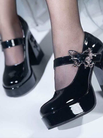 Gothic Dark Chunky-Heeled Butterfly Buckle Mary Jane Shoes