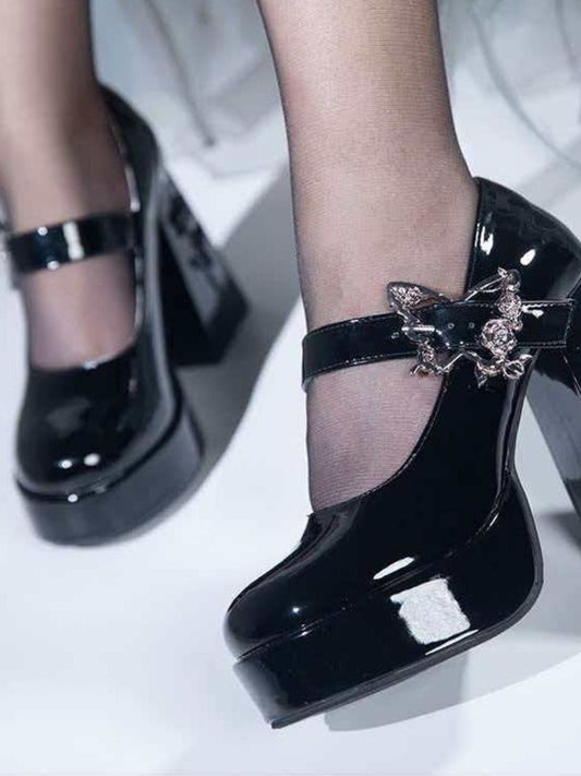 Gothic Dark Chunky-Heeled Butterfly Buckle Mary Jane Shoes
