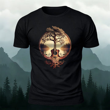 100% Cotton Ancient Forest Tree Guitar Print Casual Tee