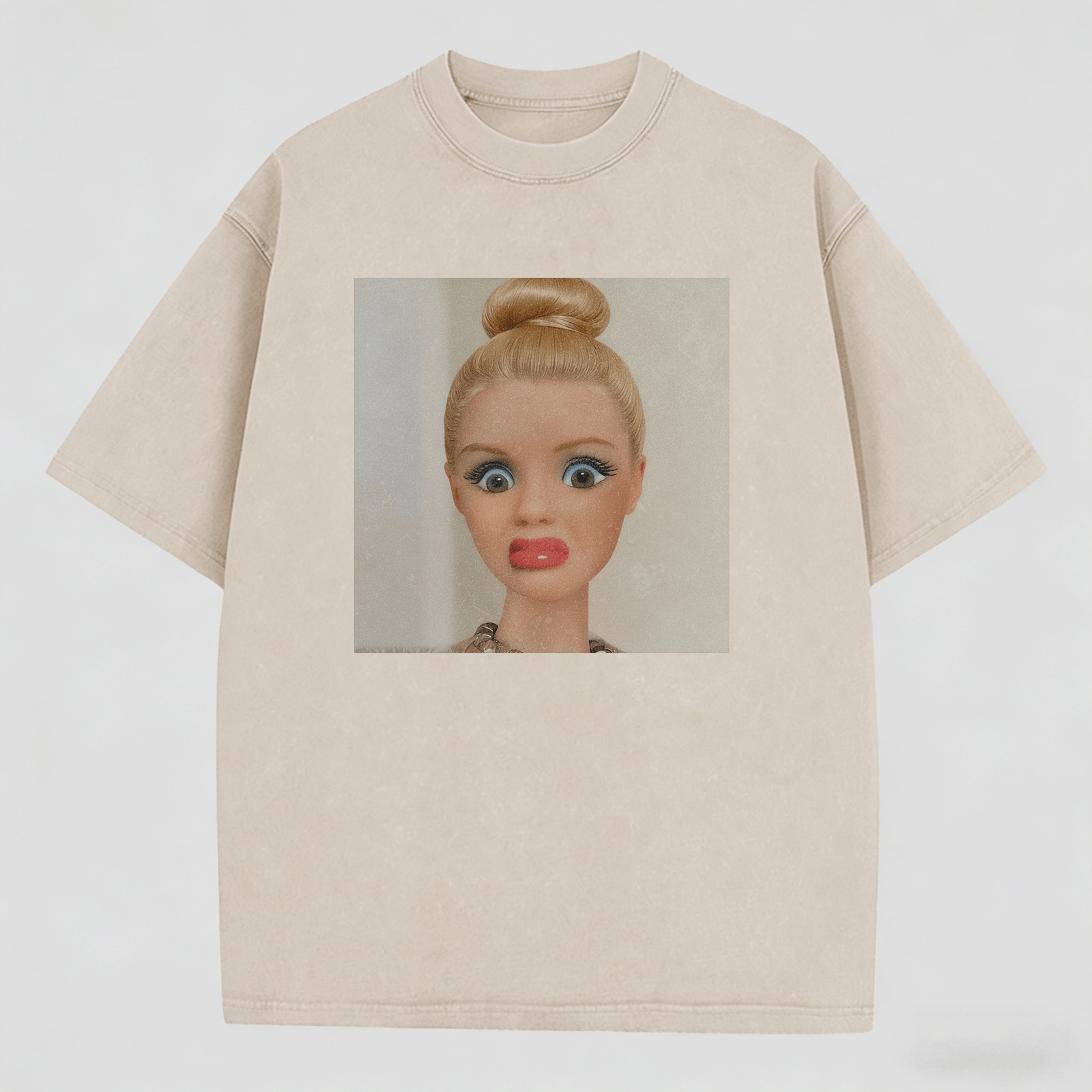 Shocked Expression Print Washed Cotton T-Shirt